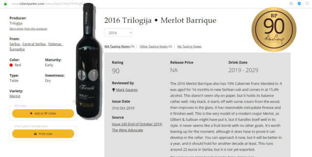 90 poena Roberta Parkera za Merlot Barique Pečat 2016 vinarije Trilogija iz Banje kod Aranđelovca! - ilustracija