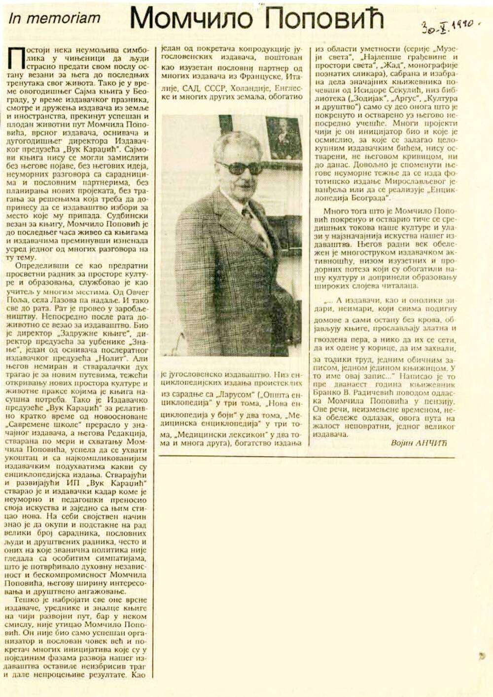 Momčilo Popović - In memoriam, Politika 30. oktobar 1990.